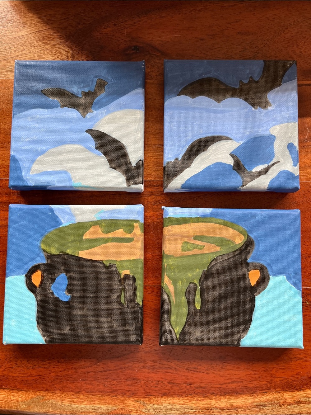 New hand painted by me Halloween 4 canvas square design bat cauldron spooky